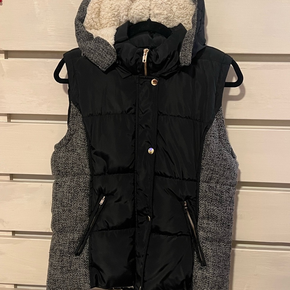 Black and Gray Hooded Puffer Vest